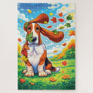 Verspielter Basset Hound Herbstlaub Cartoon Puzzle