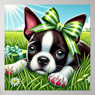 Verspielter Boston Terrier Welpe mit grünem Schlei Poster