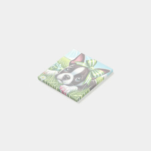 Verspielter Boston-Terrier-Welpe mit grüner Schlei Post-it Klebezettel