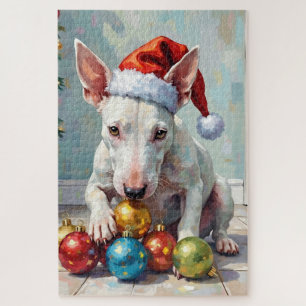 Verspielter Bull Terrier Hund bewacht Weihnachten Puzzle