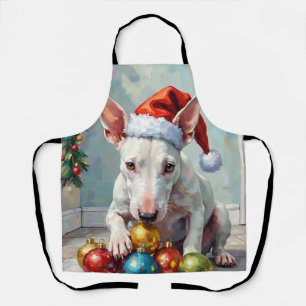 Verspielter Bull Terrier Hund bewacht Weihnachten Schürze