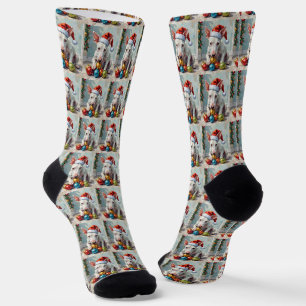 Verspielter Bull Terrier Hund bewacht Weihnachten Socken