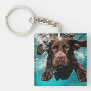 Verspielter Chocolate-Labrador schwimmt unter Wass Schlüsselanhänger