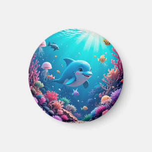 Verspielter Delfin und farbenfrohes Meeresleben Magnet