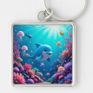 Verspielter Delfin und farbenfrohes Meeresleben Schlüsselanhänger