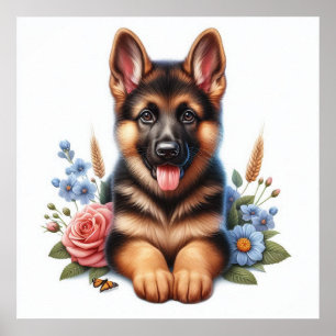 Verspielter deutscher Schäferhund-Welpe mit Blumen Poster