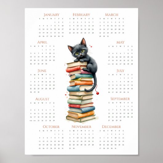 Verspielter Ein-Seiten-Kalender 2026 Katze und Büc Poster (Vorne)