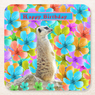 Verspielter Garten: Meerkat Amid Tribfarbene Blüte Rechteckiger Pappuntersetzer
