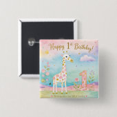 Verspielter Giraffe-Erster-Geburtstag-Wunder Button (Vorne & Hinten)