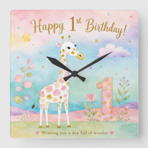 Verspielter Giraffe Erster Geburtstag Wunder Quadratische Wanduhr