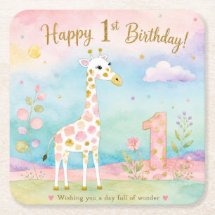Verspielter Giraffe-Erster-Geburtstag-Wunder Rechteckiger Pappuntersetzer