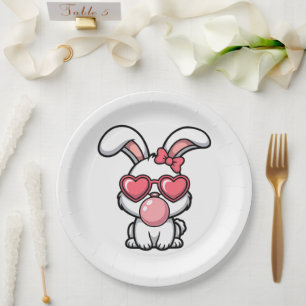 verspielter Kawaii-Hase mit Kaugummiblase Pappteller