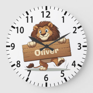 Verspielter Löwe mit Holz-Namensschild Große Wanduhr