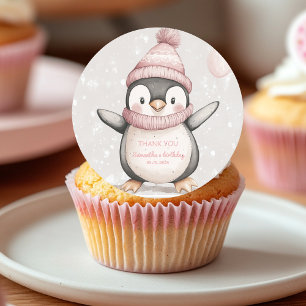 Verspielter Pinguin Geburtstags Dankeschön Rosa Runder Aufkleber