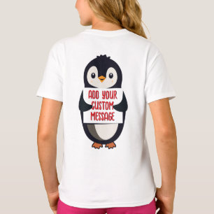 Verspielter Pinguin mit einem Schild für Ihre Nach T-Shirt