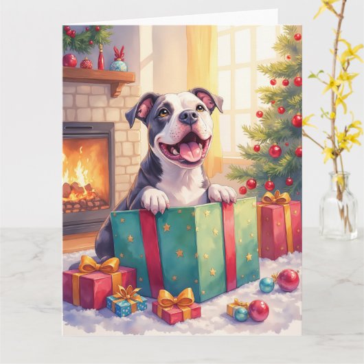 Verspielter Pitbull öffnet Weihnachtsgeschenke Fei Karte (Gelbe Blume)