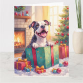 Verspielter Pitbull öffnet Weihnachtsgeschenke Fei Karte (Vorderseite)