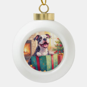 Verspielter Pitbull öffnet Weihnachtsgeschenke Fei Keramik Kugel-Ornament