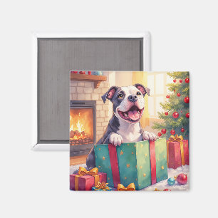 Verspielter Pitbull öffnet Weihnachtsgeschenke Fei Magnet