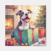Verspielter Pitbull öffnet Weihnachtsgeschenke Fei Magnet (Vorne)