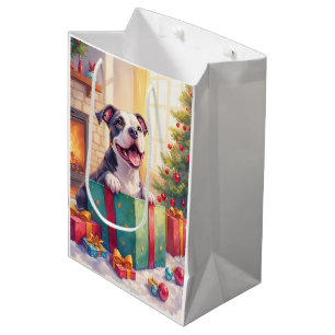 Verspielter Pitbull öffnet Weihnachtsgeschenke Fei Mittlere Geschenktüte