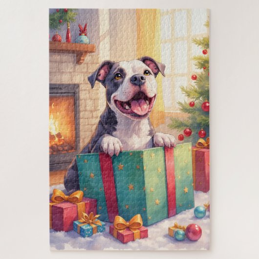 Verspielter Pitbull öffnet Weihnachtsgeschenke Fei Puzzle (Vertikal)