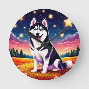 Verspielter Siberian Husky Runde Wanduhr