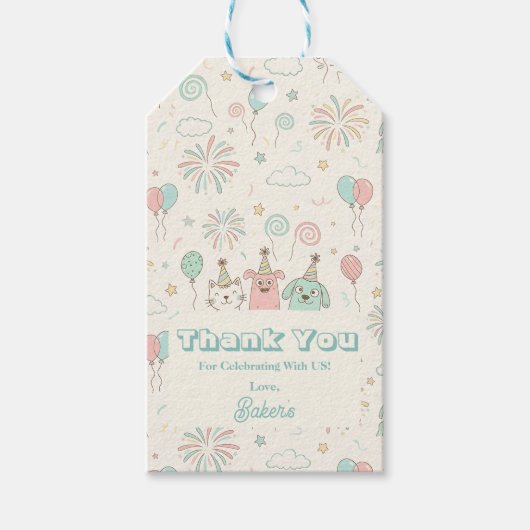 Verspielter Süßer und Dreifacher Kindergeburtstag Geschenkanhänger (Vorderseite)