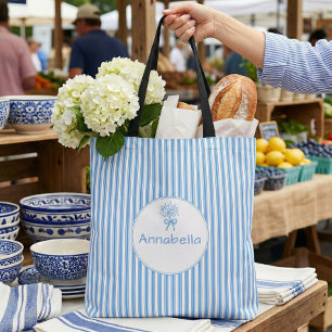 Verspieltes Blau-Weiß-Streifen Preppy-Monogramm Tasche