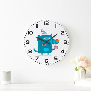 Verspieltes blaues Cartoon-Monster mit Partyhut Große Wanduhr