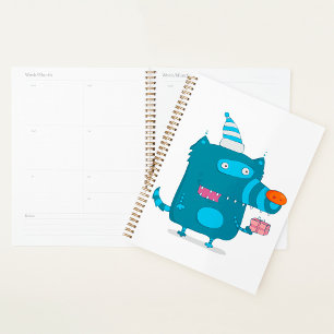 Verspieltes blaues Cartoon-Monster mit Partyhut Planer