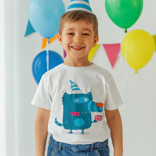 Verspieltes blaues Cartoon-Monster mit Partyhut T-Shirt