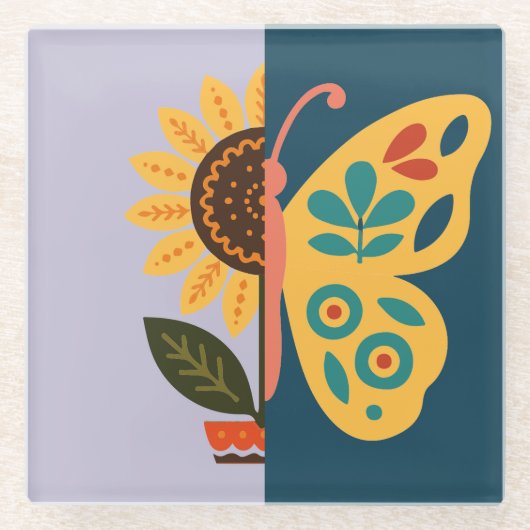 Verspieltes Blumen- und Schmetterlingsdesign Glasuntersetzer (Vorderseite)
