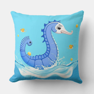 Verspieltes Cartoon-Seepferdchen in blauem Wasser Kissen