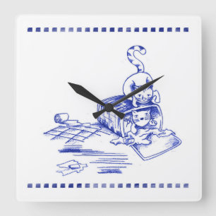 Verspieltes Hamper Kitty Cat Badezimmer Toile Look Quadratische Wanduhr