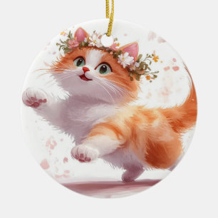 Verspieltes Kätzchen mit Gänseblümchen-Krone Keramik Ornament