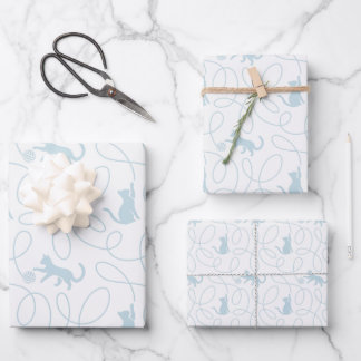 Verspieltes Katzen- und Wollknäuel-Muster Hellblau Geschenkpapier Set