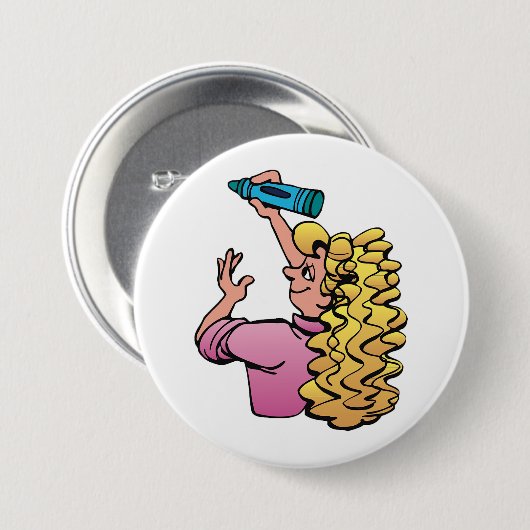 Verspieltes Mädchen mit Buntstift Button (Vorne & Hinten)