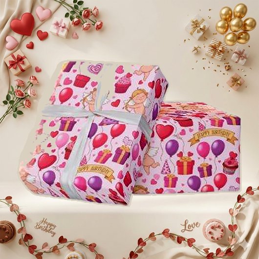 Verspieltes Rosa-Cupid-Geburtstagsballon-Muster Geschenkpapier