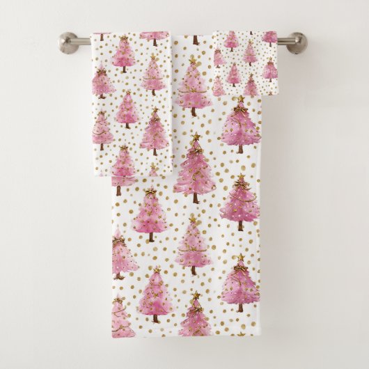 Verspieltes rosa Weihnachtsbaum-Muster Badhandtuch Set (Insitu)