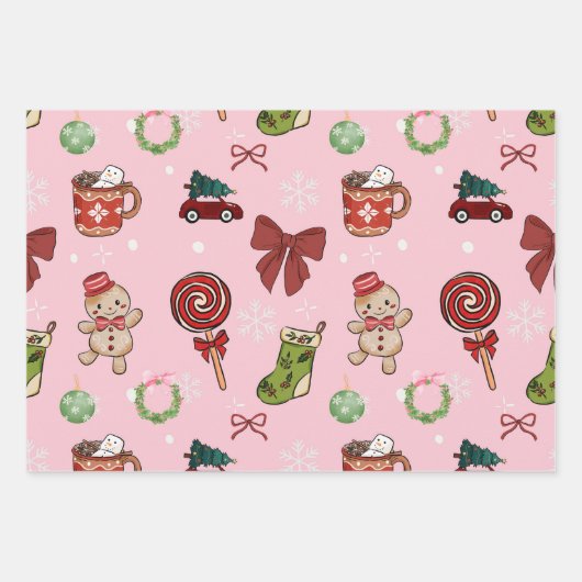Verspieltes rosa Weihnachtspapier Geschenkpapier Set (Vorderseite)
