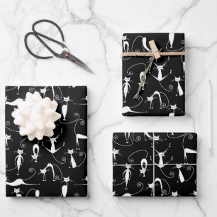 Verspieltes schlankes weißes Katzenmuster Geschenkpapier Set