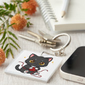 Verspieltes schwarzes Katze-Chibi-Design Schlüsselanhänger (Vorderseite rechts)