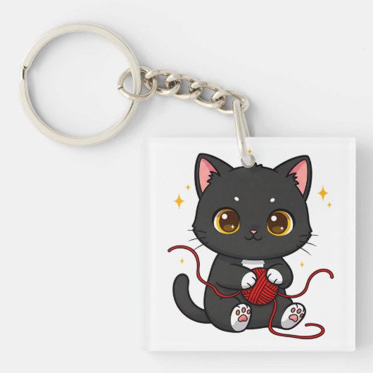 Verspieltes schwarzes Katze-Chibi-Design Schlüsselanhänger (Vorderseite)