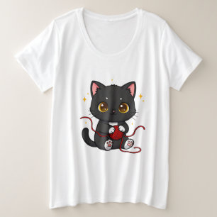 Verspieltes schwarzes Katzen-Chibi-Design Große Größe T-Shirt