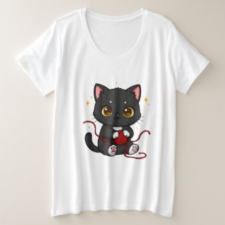 Verspieltes schwarzes Katzen-Chibi-Design Große Größe T-Shirt