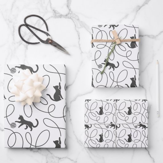 Verspieltes Schwarzkatze- und Garnball-Muster Geschenkpapier Set (Vorderseite)
