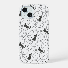 Verspieltes Schwarzkatze- und Garnball-Muster iPhone 15 Hülle