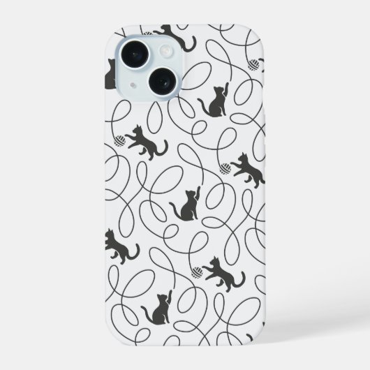 Verspieltes Schwarzkatze- und Garnball-Muster iPhone 15 Hülle (Rückseite)