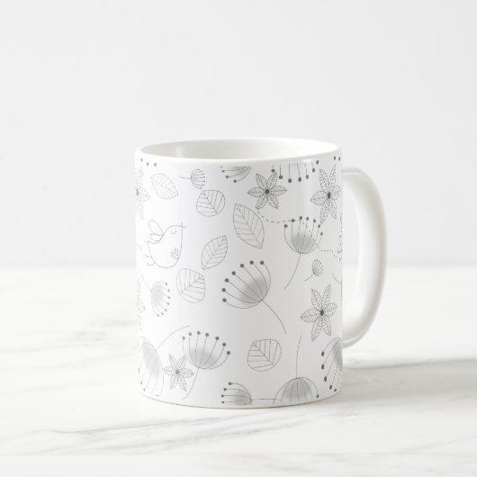 Verspieltes, süßes Blumen- und Vogelmuster auf Wei Kaffeetasse (VorderseiteRechts)
